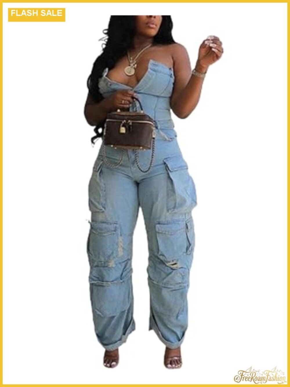 Off Shoulder Denim Cargo Jumpsuit Wide Leg High Waist Strapless Romper